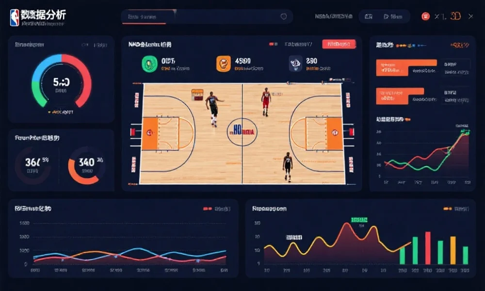 一张现代风格的数据仪表盘,显示NBA球队战术分析图表、球员对比趋势线和高亮的关键数据指标