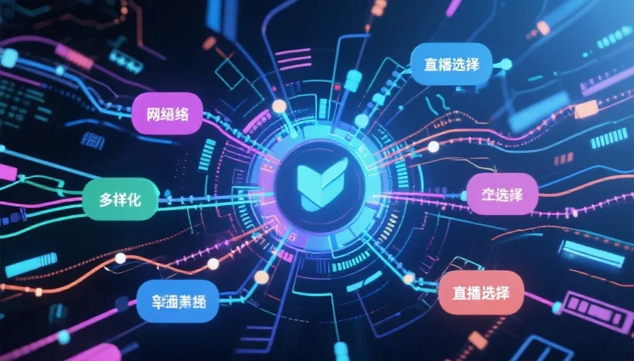 抽象风格展示不同网络连接线路,代表着多样化直播选择,背景为数字科技感
